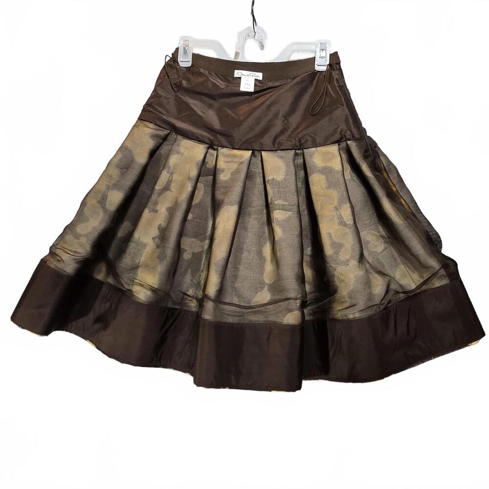 Oscar de la Renta F08 Silk Wool Floral Drop Waist Pleated Skirt Size 6 Brown - Picture 4 of 9